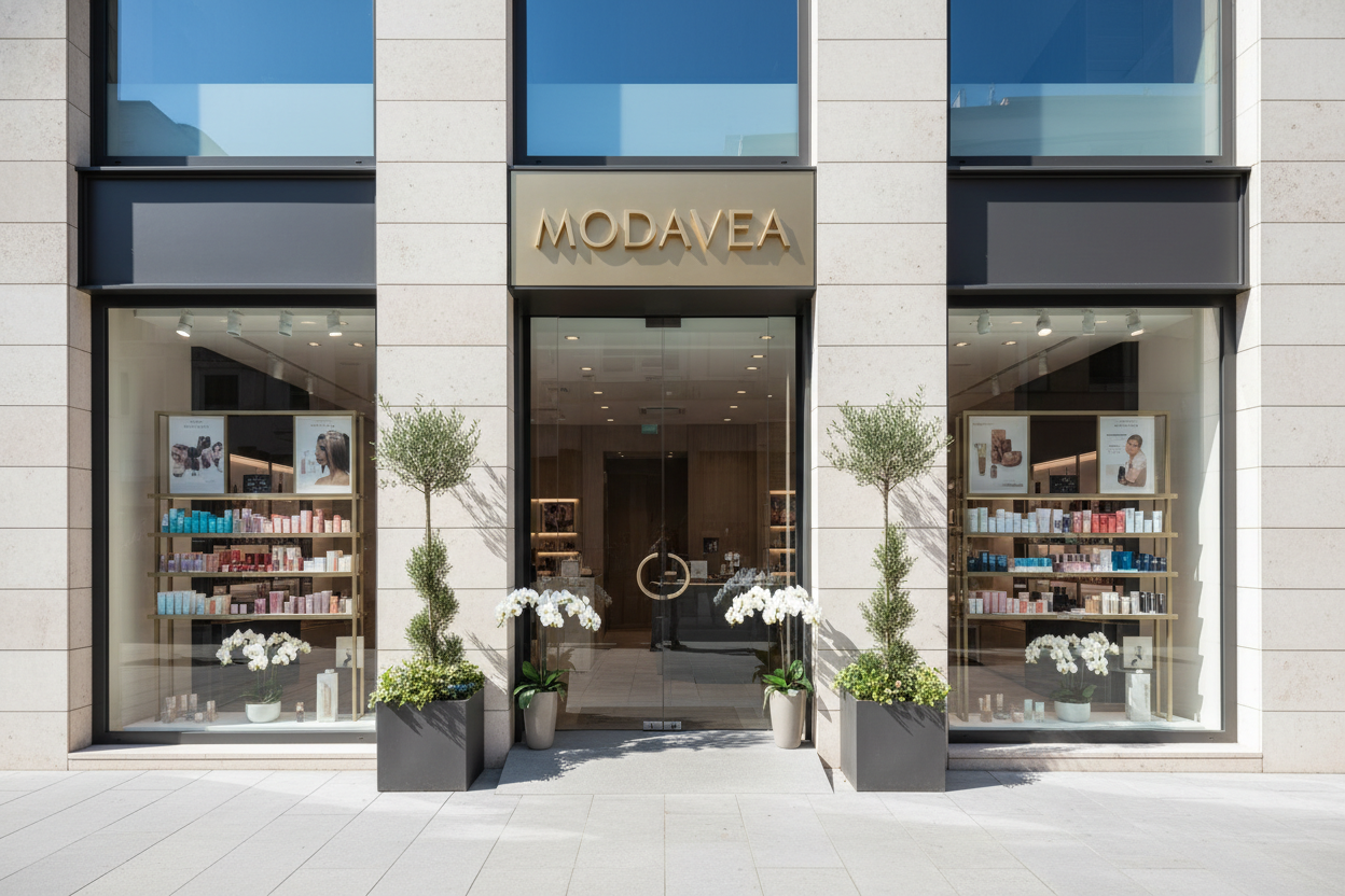 creami un foto di un negozio beauty all'esterno con scritto modavea di giorno 
